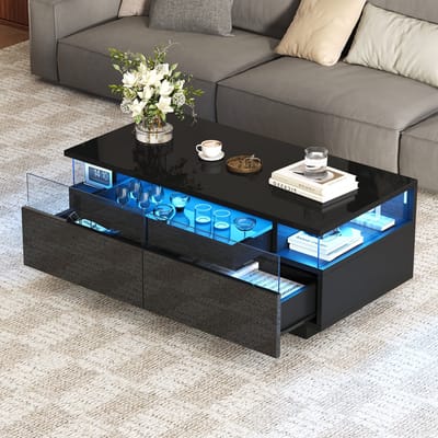 MODENUIT Salontafel - Met LED, 2 Laden En Dienblad - Voor Woonkamer - Zwart MDF, Glas En Acryl - 90x45x35,5 cm
