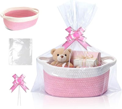 Ovale Opbergmand van Katoen in Roze-Wit voor Cadeaus en Decoratie bij Bruiloft, Verjaardag of Babyshower met Cadeautasje en Ribbons