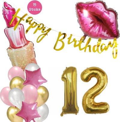 Snoes Beauty Helium Ballonnen Set 12 Jaar - Roze Folieballonnen - Slinger Happy Birthday Goud