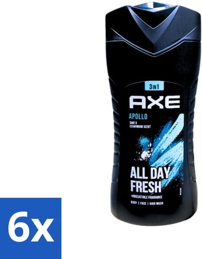 6 x Axe - 3-in-1 Douchegel - Apollo - Sage & Cedarwoord - All Day Fresh - 400 ml - Douchegel - Deodorant - Salie - Cederhout - Fris