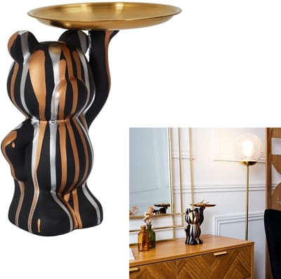 Beer met dienblad/sleutelschaal Decoratie zwart goud - Dienblad Decoratie - Voor Woonkamer & Entree - Voor Bureau & Kantoor - Modern Woondecoratiebeerbeeld met dienblad - beer opslag decoratie - sleutelschaal voor in de hal - snoepschaal voor bureau