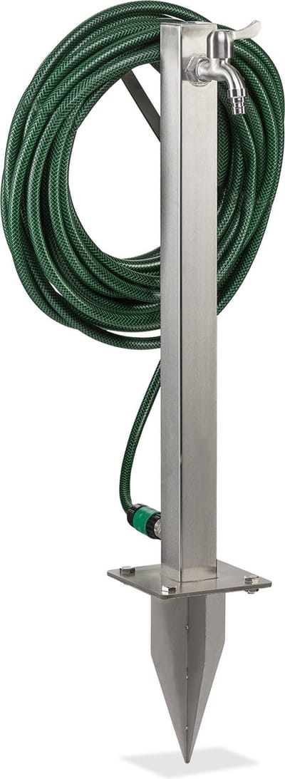 waterzuil - met tuinslanghouder - 66 x 30 x 15 cm - rvs - zilver