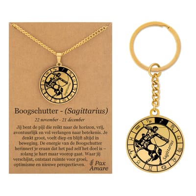 Sterrenbeeld Boogschutter / Sagittarius Ketting + Sleutelhanger - Goudkleurig - Stainless Steel op Cadeau Kaartje- 60cm - Pax Amare