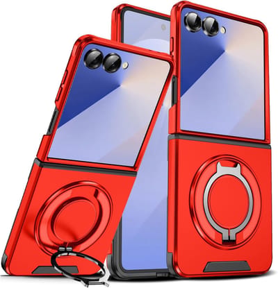 Armor Tough [360° draaibare ringstandaard] [compatibel met Magsafe] Hoesje Geschikt voor: Samsung Galaxy Z Flip 7 - Ingebouwde dia camera cover - Hybrid - Rood