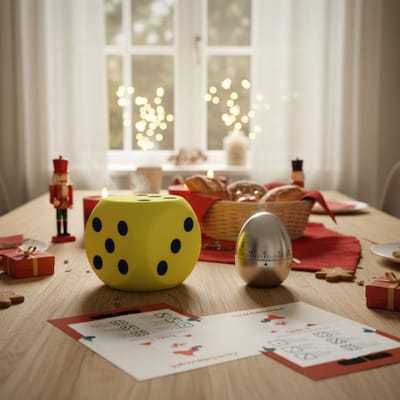 Kerst Dobbelspel - A4 papier - XL foam dobbelsteen geel - kookwekker - dobbelen - dobbelspel - kerst