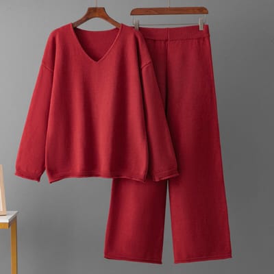 Sweater- Trui -Winterwarm gebreide tweedelige set - Dames trui met lange mouwen en V-hals + casual wijde cropped broek - Losse tweedelige set - Rood - One Size Fits All
