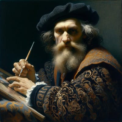 Line art rembrandt schilderij | Rembrandt's intricate lines dance in timeless masterpiece of light and shadow | Kunst - 30x30 centimeter op Dibond | Foto op Dibond