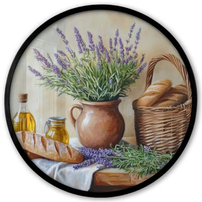 Poster in lijst Rond - Fotolijst 40x40 cm - Posters - Lavendel - Brood - Stilleven - Ronde posterlijst zwart - Decoratie - Wanddecoratie woonkamer - Muurdecoratie slaapkamer