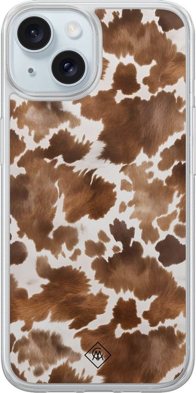 Casimoda® hoesje - Geschikt voor iPhone 13 - Cowhide Chic - 2-in-1 case - Schokbestendig - Illustratie - Verhoogde randen - Bruin/beige, Transparant