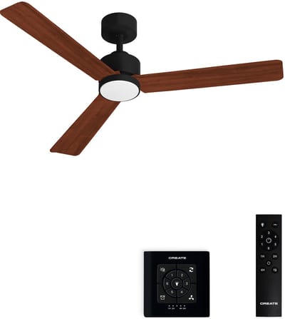 CREATE - Stille plafondventilator 40W met licht - Zwart / Donker hout - Ø132cm - Controller voor wandmontage + afstandsbediening - WIND MODERN