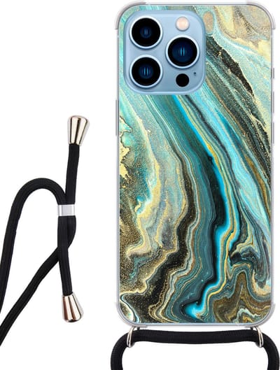 Hoesje met koord - Geschikt voor iPhone 13 Pro Max - Marmer mint - Verstelbaar zwart koord - Transparant - Marmer - Leuke Telefoonhoesjes