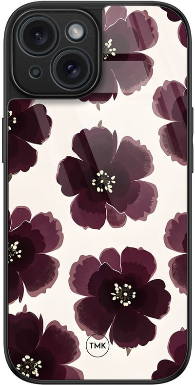 Hoesje geschikt voor Apple iPhone 15 - Burgundy flowers - Paars - TPU luxe case (glossy toplaag) - Bloemen - Hardcase backcover zwart