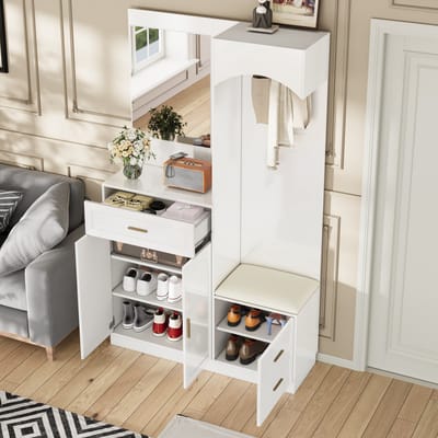 Moderne compacte kledingkast - kast en schoenenkast combinatie - halmeubel - multifunctioneel opbergrek met spiegel - wit