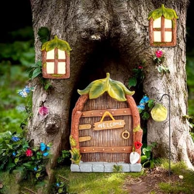 SnelShoppen - Magische Fairy House Tuin Decoratie, 4-delige Fairy Deur en Boom Deur voor Tuinen, Houten Miniatuur Fairy Garden Beelden in het Donker,