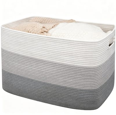 Grote Katoenen Opbergmand 65L - Rechthoekige Gevlochten Wasmand - XXL Speelgoedmand en Dekkenopslag - Babykamer Organizer - Grijs/Wit