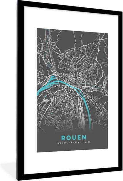 Fotolijst incl. Poster - Rouen - Frankrijk - Stadskaart - Kaart - Plattegrond - 80x120 cm - Posterlijst