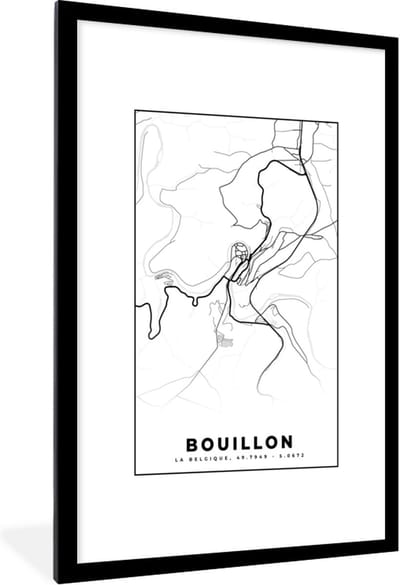 Fotolijst incl. Poster Zwart Wit- België – Bouillon – Stadskaart – Kaart – Zwart Wit – Plattegrond - 80x120 cm - Posterlijst