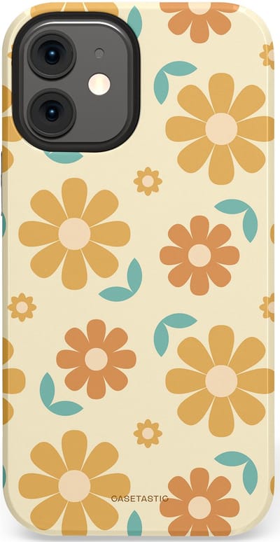Casetastic hoesje geschikt voor Apple iPhone 12 Mini - Dubbellaagse bescherming - Flower power Retro Bloemen - Geel - Oranje - Blauw - Fashion Case - Crème Goud Perzik