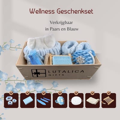 Wellness Giftset in cadeauverpakking. Lutalica geschenkset bevat spa-accessoires en Marseillaise lotus zeep. Blauw.