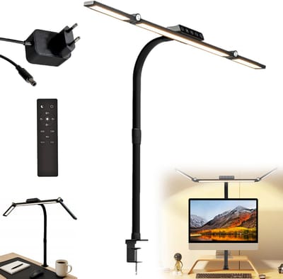Oogvriendelijke LED-bureaulamp (met driedelige zwanenhals en klem) — Bureauverlichting & accessoires — Geschikt voor werk, kantoor en studie — Zwart