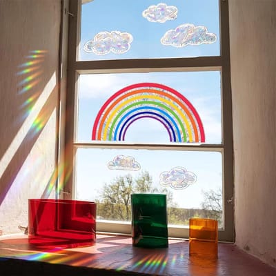 2 vellen (30 x 40 cm) Regenboogwolken kleurrijke raamdecoratie stickers – Dubbelzijdige statische stickers - voor alle gladde glasoppervlakken, zoals ramen, glazen deuren, terrasdeuren en schuifdeuren| Cyslmuk®