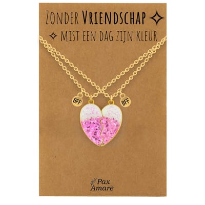 BFF Ketting voor 2 'Zonder Vriendschap mist een dag zijn kleur' - Roze Glitter Hartje - Vriendschapsketting op Cadeau Kaartje - 45cm + 5cm verstelbaar - Goudkleurig - Best Friends Hanger - Pax Amare