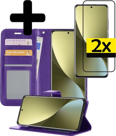 Hoesje - Met 2x Screenprotector - Geschikt voor Xiaomi 12 - Luxe Pasjeshouder - Bookcase Portemonee - Flip Case - Kunstleer Book Case - Flipcase Hoes - Book Cover - Walletcase - Portemonneehoes - Telefoonhoesjes - Paars