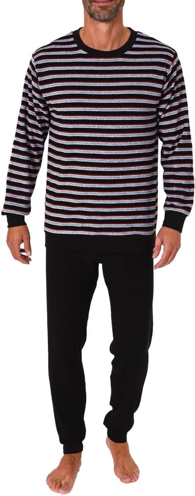Herenpyjama in badstof met lange mouwen en manchetten in streepjes-look - ook in overmaten