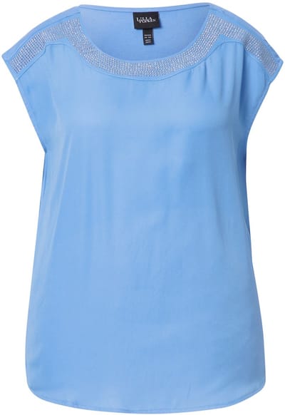 Ulla Popken - Dames - Shirt siersteentjes ronde hals mouwloos materiaalmix - Lichtblauw - Maat 42+