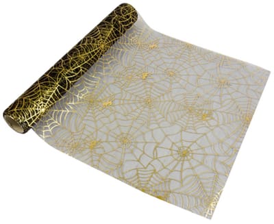 HOBI - Tafelloper van zwart organza met gouden spinnenweb 29 cm x 5 m chic Halloween