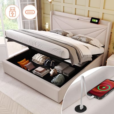 Gepolsterd tweepersoonsbed met opbergruimte onderbed en USB Type C-oplader hoofdeinde, opbergbedden bedframe van linnen materiaal jeugdbed 140x200 met lattenbodem (zonder matras) beige