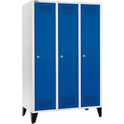 Schäfer Shop Genius Kledinglocker met poten, 3 compartimenten, 400 mm compartimentbreedte, cilinderslot, lichtgrijs/gentiaanblauw