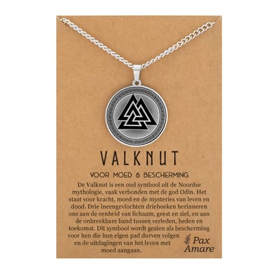 Valknut Ketting op Cadeau Kaartje - Zilverkleurig - Spirituele Talisman - Roestvrij Staal / Stainless Steel - Germaans Symbool - 60cm - Pax Amare