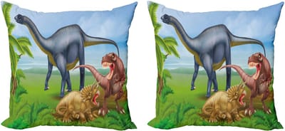 ABAKUHAUS Decoratieve kussenhoezen met dinosaurusmotief, 2 stuks, diverse jungledier 50x50 cm, gro bruin, blauw