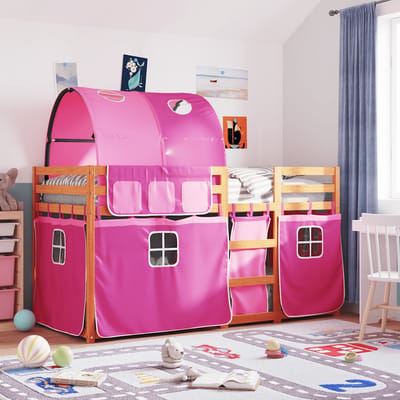 vidaXL - Stapelbed - met - gordijnen - 90x190 - cm - grenenhout - roze