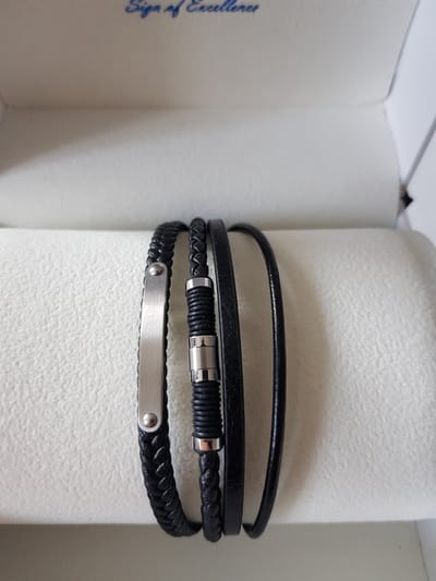 Claudia Koch Bracelet Men Genuine Leather With Stainless Steel, Black Silver