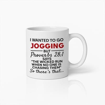 Jogging Spreuken 28:1 Mok 330ml – Grappige Christelijke Quote Koffiebeker – Humoristisch Cadeau voor Hardlopers & Gelovigen
