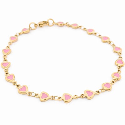 Stalen goudkleurige dames schakel armband - roze emaille hartjes - valentijnkado - lengte 19cm
