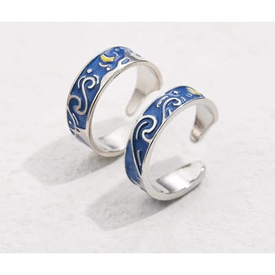 S Koppel Van Gogh Nacht Open Ringen Voor Vrouwen Mannen Eenvoudig Modeontwerp Zilverkleurige Liefhebbers Blauwe Sterrennacht Ring Feest Sieraden white
