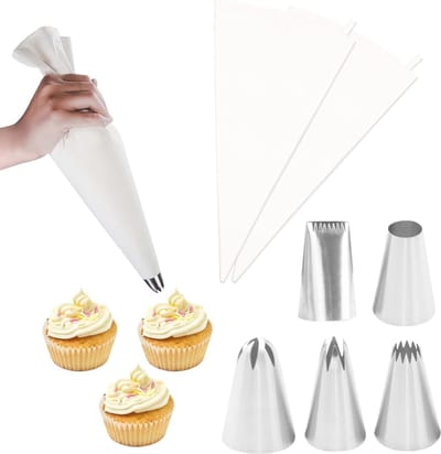 Katoenen Spuitzakken 2 Stuks met 5 Roestvrijstalen Spuitmonden – Herbruikbare Taart Decoratie Gereedschappen voor Baksels en Desserts