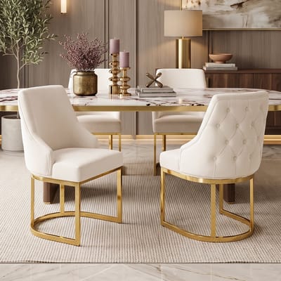 Eetkamerstoelen, set van 4, moderne stijl, vergulde stoelpoten, fluwelen bekleding, Eetkamerstoel, Gestoffeerde Zitting - beige + goud