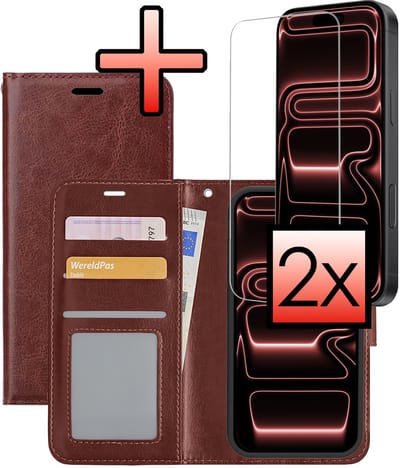 Hoesje - Met 2x Screenprotector - Geschikt voor Apple iPhone 17 Pro - Luxe Pasjeshouder - Bookcase Portemonee - Flip Case - Kunstleer Book Case - Flipcase Hoes - Book Cover - Walletcase - Portemonneehoes - Bruin