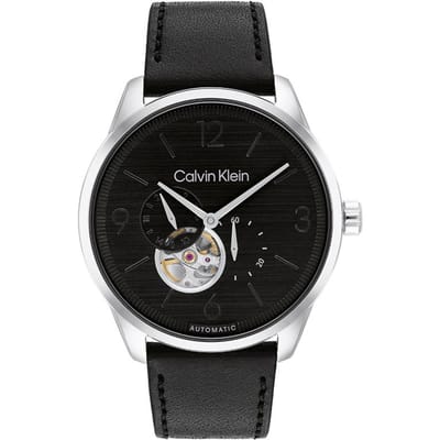 Montre mécanique automatique Calvin Klein Bracelet en cuir Cadran noir Montres pour homme 25200388 Black black