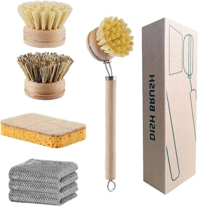 Duurzame Afwasborstel met Houten Handvat en 3 Vervangbare Koppen, Inclusief Spons en 3 Keuken Doeken, Natuurlijke Sisalvezels