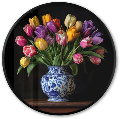 Poster in lijst Rond - Fotolijst 60x60 cm - Posters - Tulpen - Kleuren - Hout - Vaas - Ronde posterlijst zwart - Decoratie - Wanddecoratie woonkamer - Muurdecoratie slaapkamer