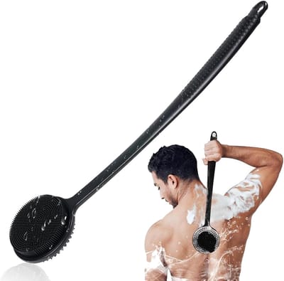 ComfiCare® Rugborstel – Badborstel met Lange Steel – Doucheborstel & Dry Brush – Rug Scrubber – Huid- & Lichaamsborstel – Siliconen Massageborstel – Zwart