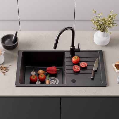 CECIPA max Spoelbak Keuken 78x45cm Antraciet - Granieten Spoelbak - Spoelbakken met Afdruip - Enkele Spoelbak Met Afdruiprek - Antraciet