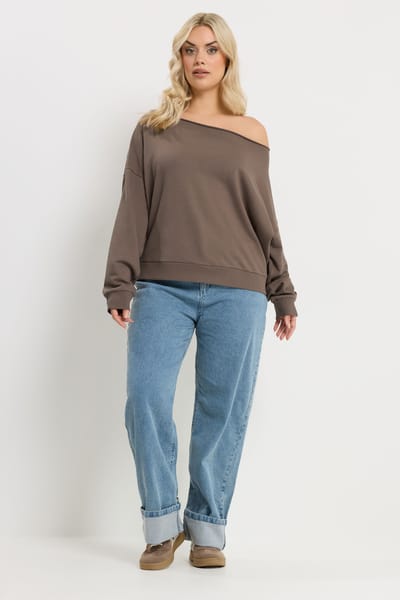 Yours Chocoladebruin Sweatshirt Met Blote Schouders Size 42