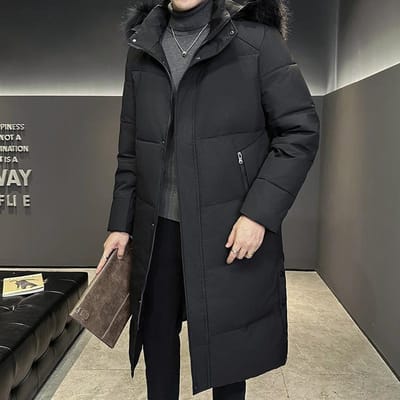 Doudoune mi-longue pour homme, veste d'hiver à capuche avec grand col en fourrure, taille moyenne et longue au-dessus du genou XXXXL noir