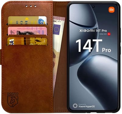 Rosso Element Geschikt voor Xiaomi 14T Pro | Wallet Book Case | Portemonnee Hoesje | 3 Pasjes | Magneetsluiting | Stand Functie | Bruin